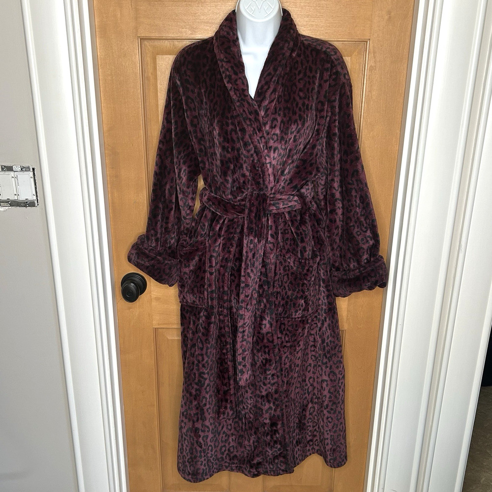 Natori Private Luxuries Fleece Robe L Purple Plush Animal Print Cozy Long Soft